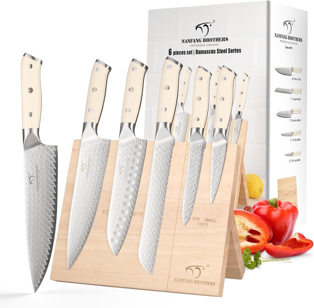 NF Damascus Kitchen Knife Set, NANFANG BROTHERS 6-Piece Damascus Steel VG10 Kitchen Knife Set with Wood Magnetic Knife Holder Block Professional Chef's Knife with Sharp Blades and ABS Ergonomic Handle (White)