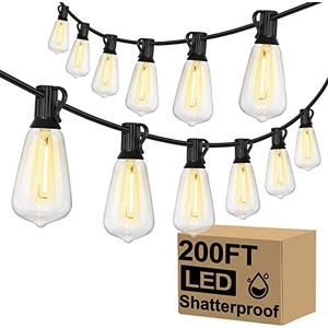 Brightever Outdoor String Lights 200FT Waterproof, Patio String Lights for Outside with 100+4 ST38 Shatterproof LED Filament Bulbs, Dimmable Hanging Lights for Christmas, Party, Cafe (2-Pack 100FT)