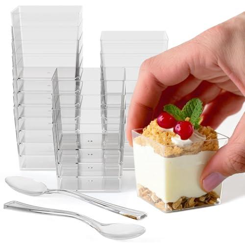 Exquisite Mini Dessert Cups With Spoons 150 Pcs - 3.6 Oz Square Plastic Dessert Cups Disposable With Tasting Spoons 50 Sets | Mini Parfait Cup | Appetizer Cup For Party