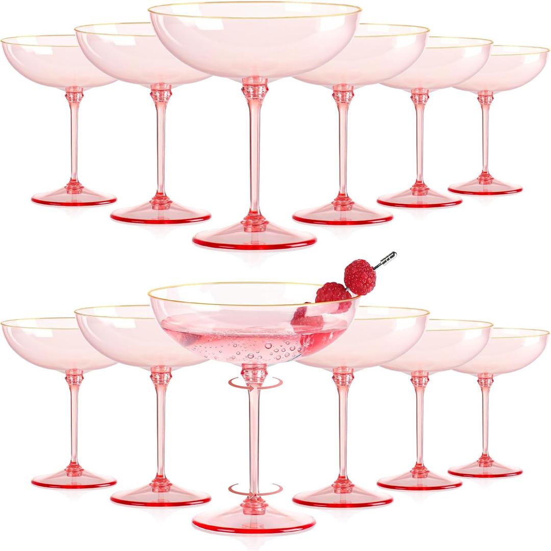 12 PCS Plastic Coupe Glasses 9 oz Pink Detachable Gold Rim Martini Glass Espresso Champagne Cocktail Cups Disposable Vintage Margarita Glassware for Birthday Baby Shower Wedding
