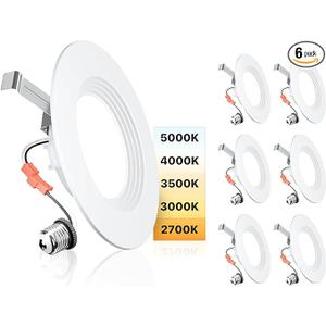 Ensenior 5/6 Inch 5CCT LED Can Lights 6 Pack, Retrofit Led Recessed Lighting, Baffle Trim, Dimmable, 9W=110W, 1000LM, 2700K/3000K/3500K/4000K/5000K Selectable, IC Rated - FCC Certified
