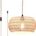 Garvot Plug in Pendant Light Rattan Hanging Lamp Pendant Light with on/Off Switch Rattan Woven Shade Hanging Lamp Plug in for Living Room Bedroom Farmhouse