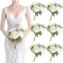 Bridesmaid Bouquets Set of 6 - Ivory White Artificial Flowers Bouquet for Bridesmaids Wedding Small Floral Centerpieces for Marriage Proposal Party Anniversary Dining Table Decor -7 Inch