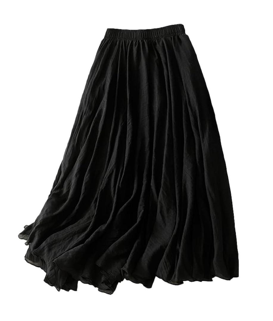 Womens Linen Skirts Summer Casual Loose Midi Skirt Tiered Elastic Waist A Line Skirt