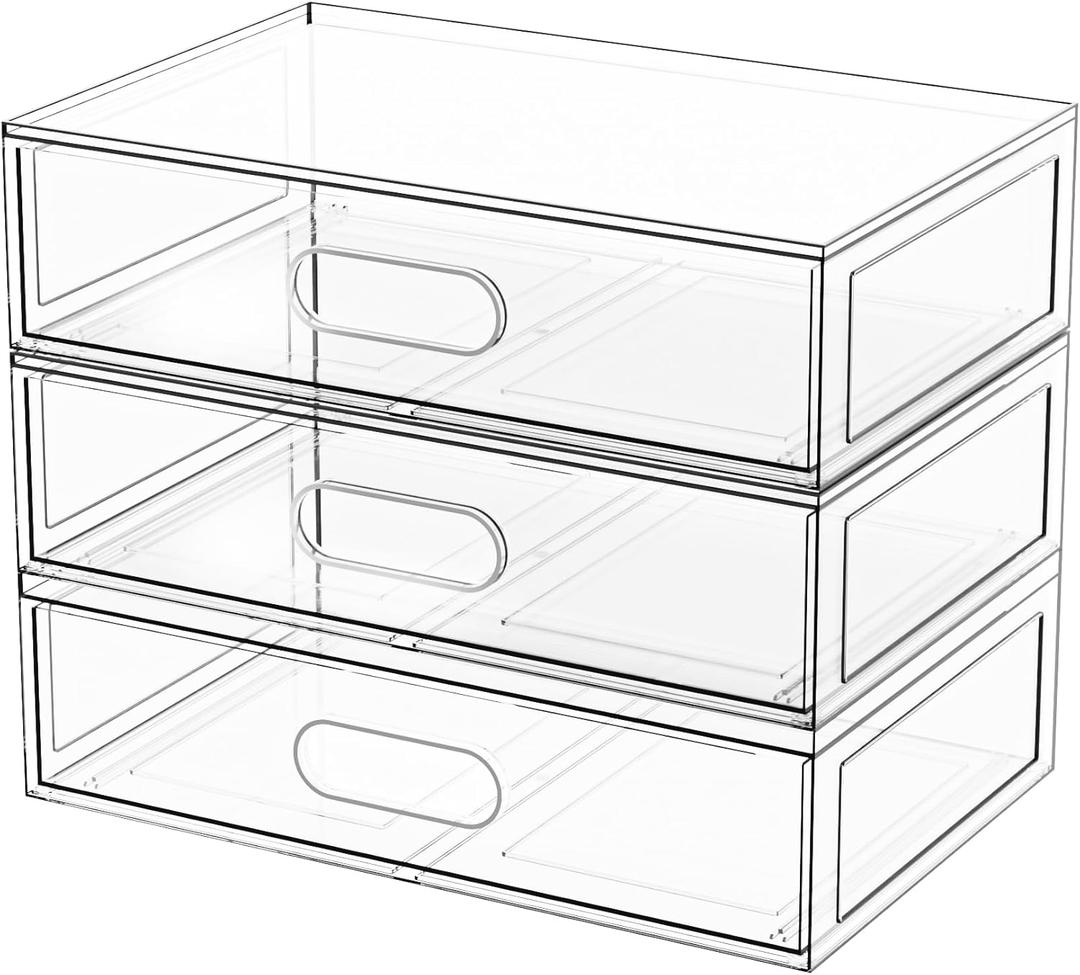 Clear Stackable Makeup Organizer with Drawer, 12''W Acrylic Storage Drawers, Cosmetic Display Case for Vanity Bathroom Countertop, Beauty Holder for Lipstick Brush Skincare Perfume (3 Tier)