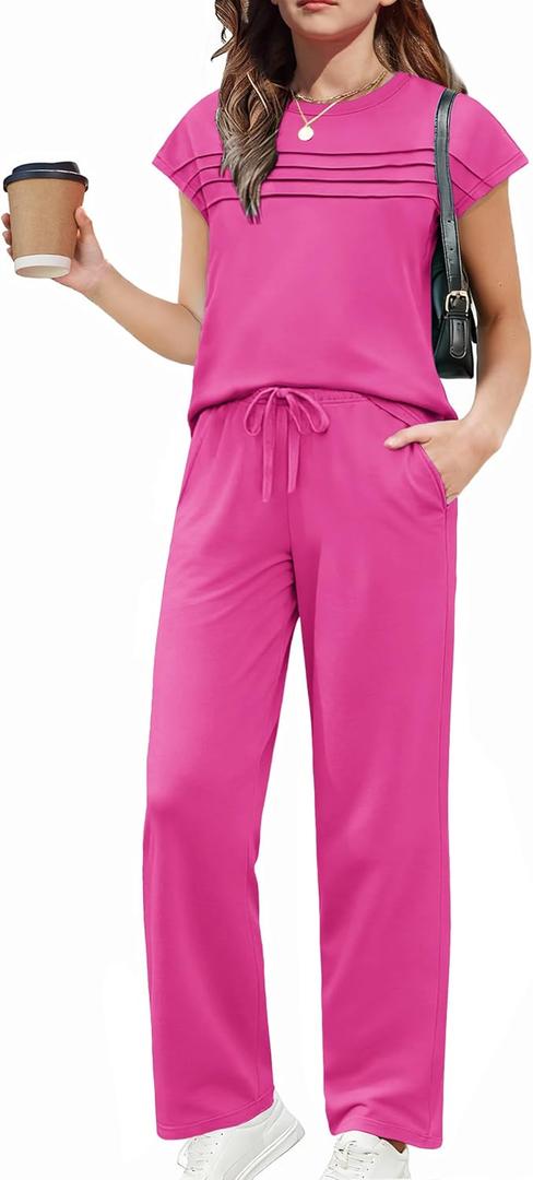 Arshiner Teen Girl Clothes Two Piece Outfits Cap Sleeve Round Neck Blouse Loose Wide Leg Pants Sets for Kids 12-13 Years