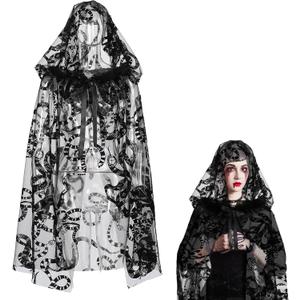 Halloween Witch Black Hooded Cloak for Women Gothic Lace Snake Pattern Short Sheer Cape Vampire Cloak for Cosplay Costume