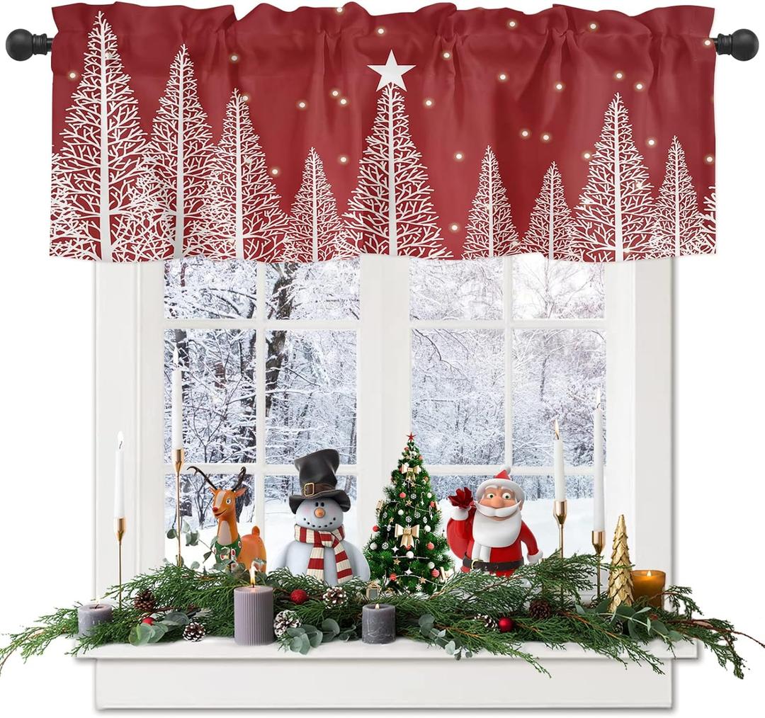 ALAGEO Christmas Valances for Windows Red Christmas Tree Christmas Kitchen Curtain Valances Rod Pocket Holiday Valances for Kitchen Window Curtain Seasonal Valance Christmas Decor 1 Panel, 42x12 Inch