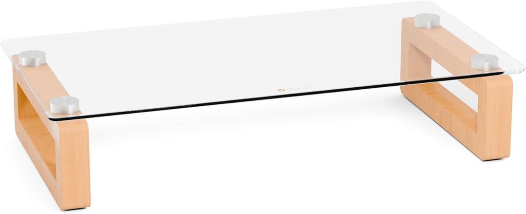 YEOUX Multi-Purpose Desktop Stand, Clear Floating Computer Monitor Riser with Natural Wood Base, Desk Organization Shelf for Printer, Laptop, Audio Device, Flat Screen