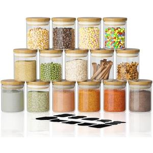 SODSAI 4Piece Glass Storage Jars Set with Airtight Bamboo Lids and Labels,6oz Glass Spice Jar Mini Food Storage Containers for Home Kitchen,Pantry,Tea,Sugar,Salt,Coffee,Flour,Herbs,Grains