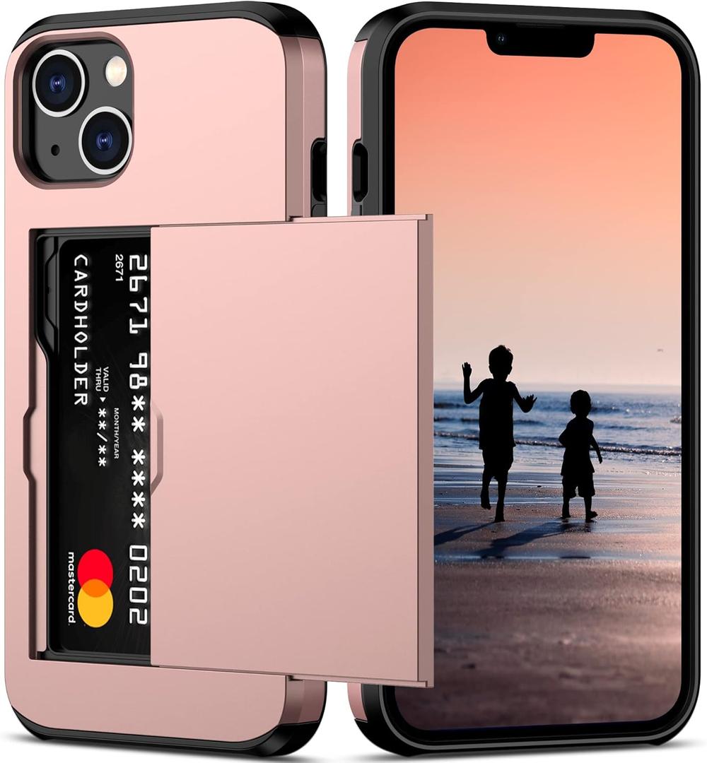 Nvollnoe for iPhone 14 Case with Card Holder Heavy Duty Protective Dual Layer Shockproof Hidden Card Slot Slim Wallet Case for iPhone 14 for Women&Men(Rose Gold)