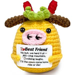 6 x Best Friend Birthday Gifts for Women - Gifts for a Friend Moving Away Gift for Women Graduation, Work, Retirement, Leaving Present for Men, Positive Cow Crochet Emotional Support