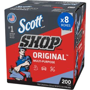 Scott Shop Original Blue Towels (75190), 9"x12" Cloth-like Paper Towel (8 Boxes of 200 Sheets, 1,600 Sheet Total)