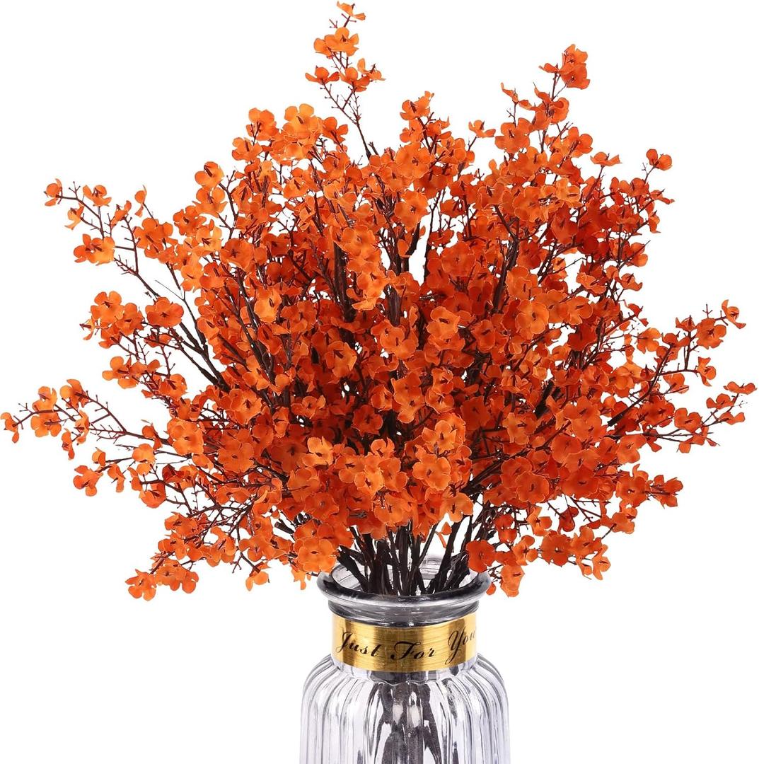 8Pcs Babys Breath Artificial Fake Fall Flowers, Real Touch Orange Plants Silk Flowers for Vase Home Office Wedding Indoor Outdoor Centerpiece Table Party Autumn Christmas Decorations