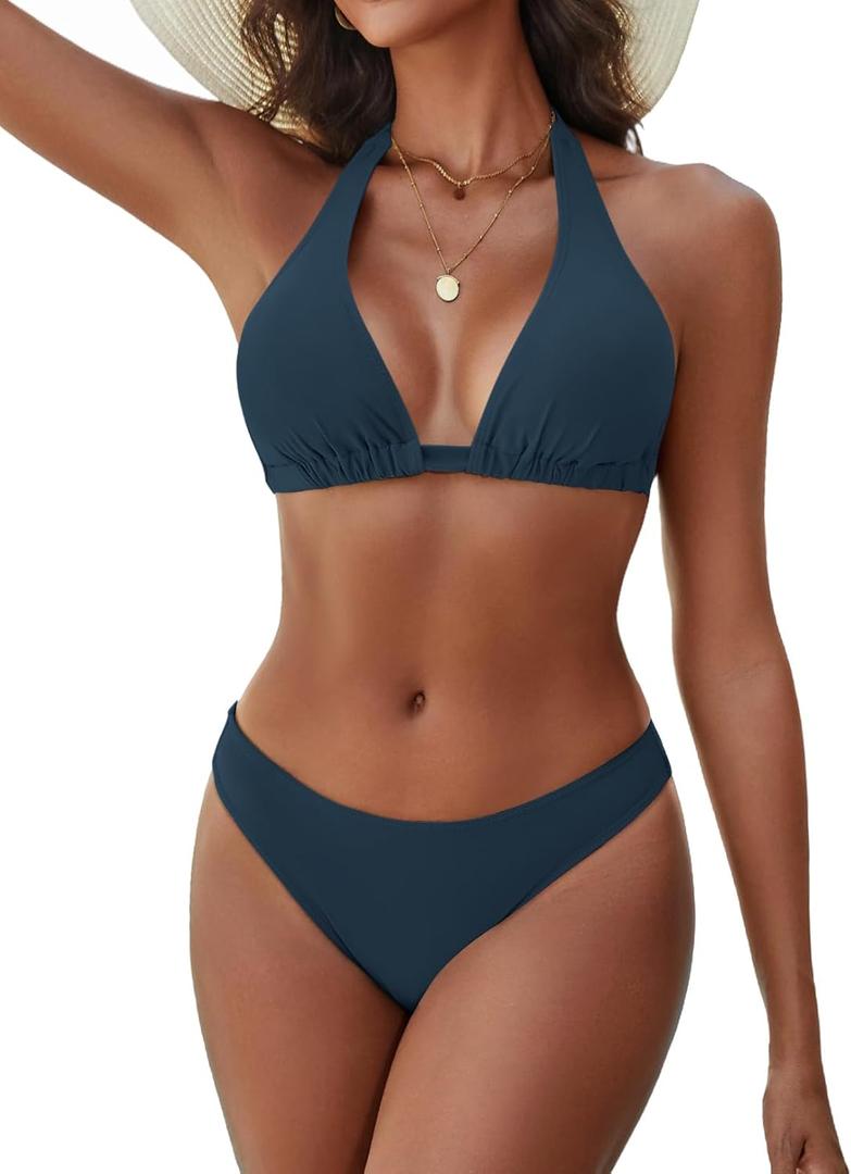 Zojuyozio Women's Bikini Sets Halter Triangle Swimsuit 2 Piece Bathing Suit Insigniablue S