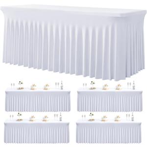 4 Pack White Spandex Tablecloths for 6 Foot Rectangle Tables, Wrinkle Free Stretchy Table Cloths 6ft Fitted Table Cover DeskSkirt for Weddings Birthday Party Banquet Baby Shower