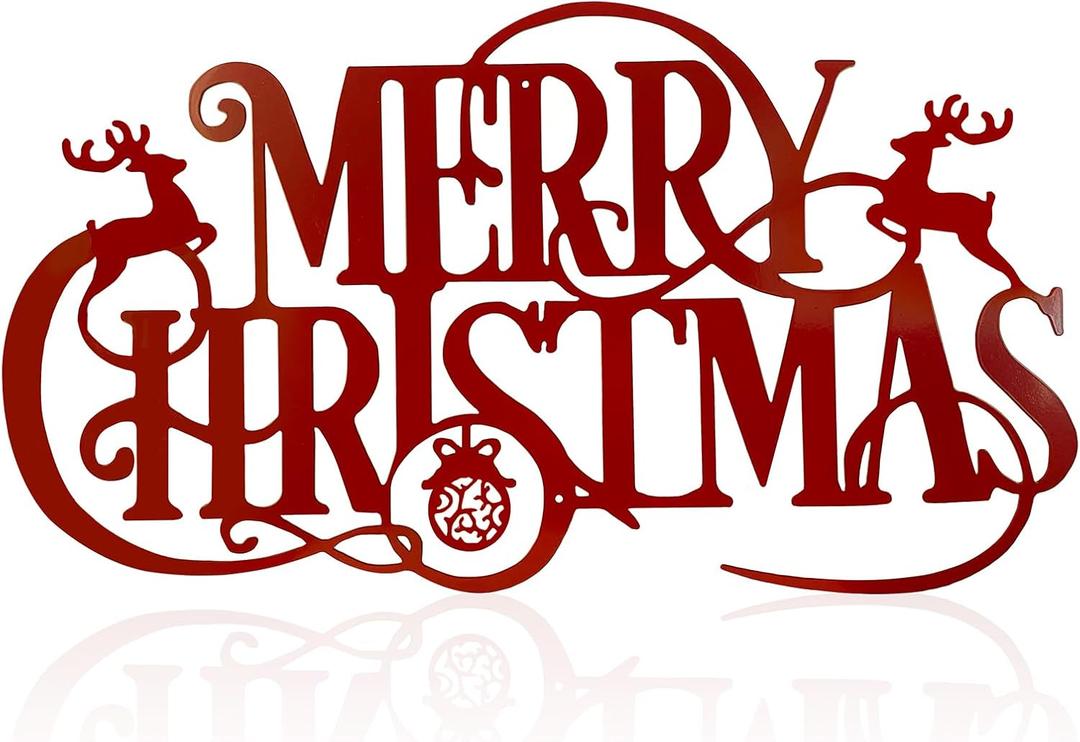 Metal Merry Christmas Wall Decor Christmas Sign Letter Decorative Hanging Plaque Suitable For Indoor Outdoor Room Yard Holiday Decoration (Large, Red2)