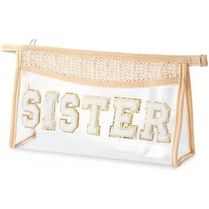 2 Pack CY2SIDE Straw STSTER Clear Makeup Bag - Small Boho Straw Travel Beach Bag with Handle PVC Zipper Clear for Toiletries Waterproof Portable Trendy Organizer Cosmetic Pouch Gift for Sister&Women, 