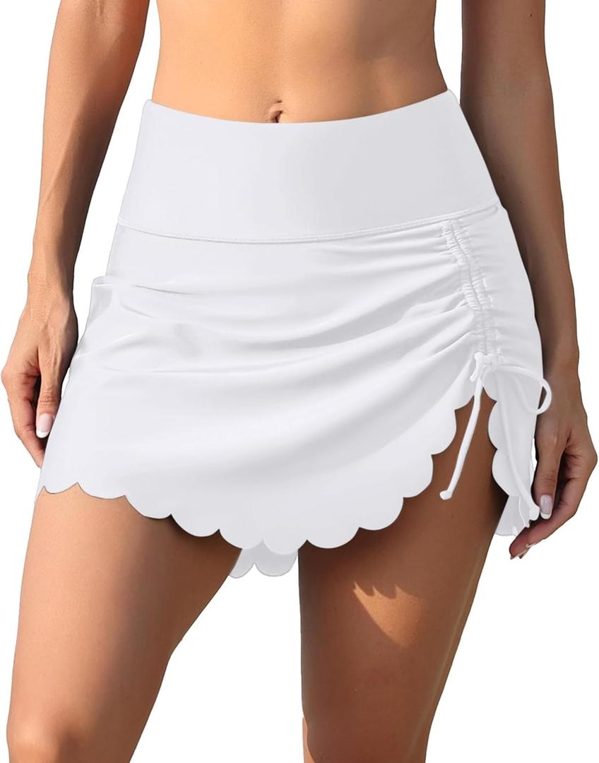 ALove Womens High Waisted Split Swim Skirt Sporty Drawstring Skirted Swim Bottom with Built-in Panty (Large, Scalloped White)