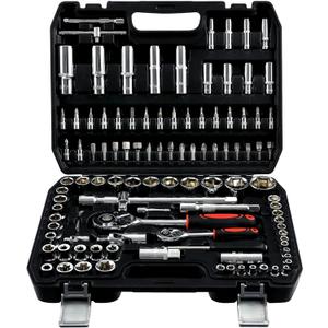 PIRIPARA 108 Piece Mechanics Tool Set Metric And Standard 1/4" & 1/2" Socket Set, Ratchet Set, Universal Joint, Extension Bars, Quick Release Reversible Ratchet Wrench, Plastic Toolbox Storage