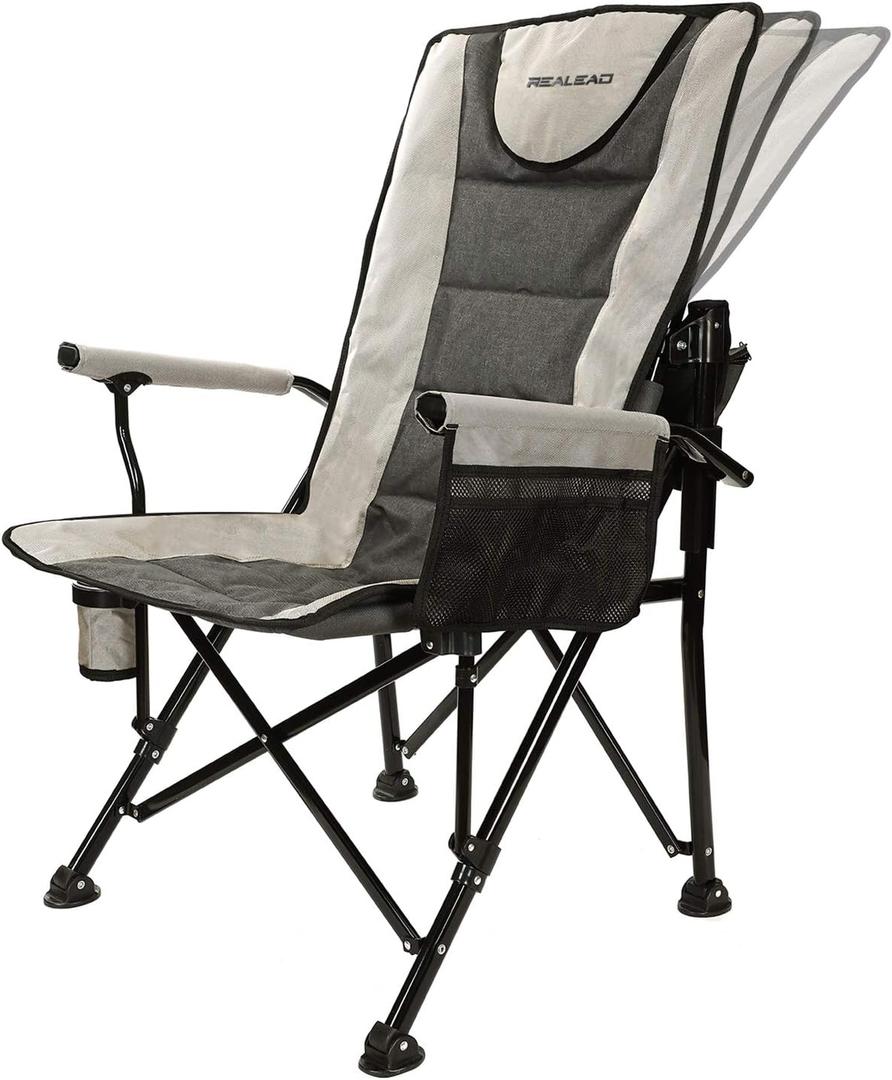 REALEAD Heated Camping Chair - Fully Padded Camp Chairs for Outdoor Sports - Adjustable Heavy Duty Folding Chairs Supports 400 lbs (Grey)