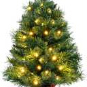 Goplus 2ft Mini Prelit Christmas Tree, Tabletop Battery Operated Small Fir Xmas Tree with 35 Warm White LED Lights, 71 Branch Tips, Red Cloth Bag Cement Base, Fireplace Home Office Holiday Decoration