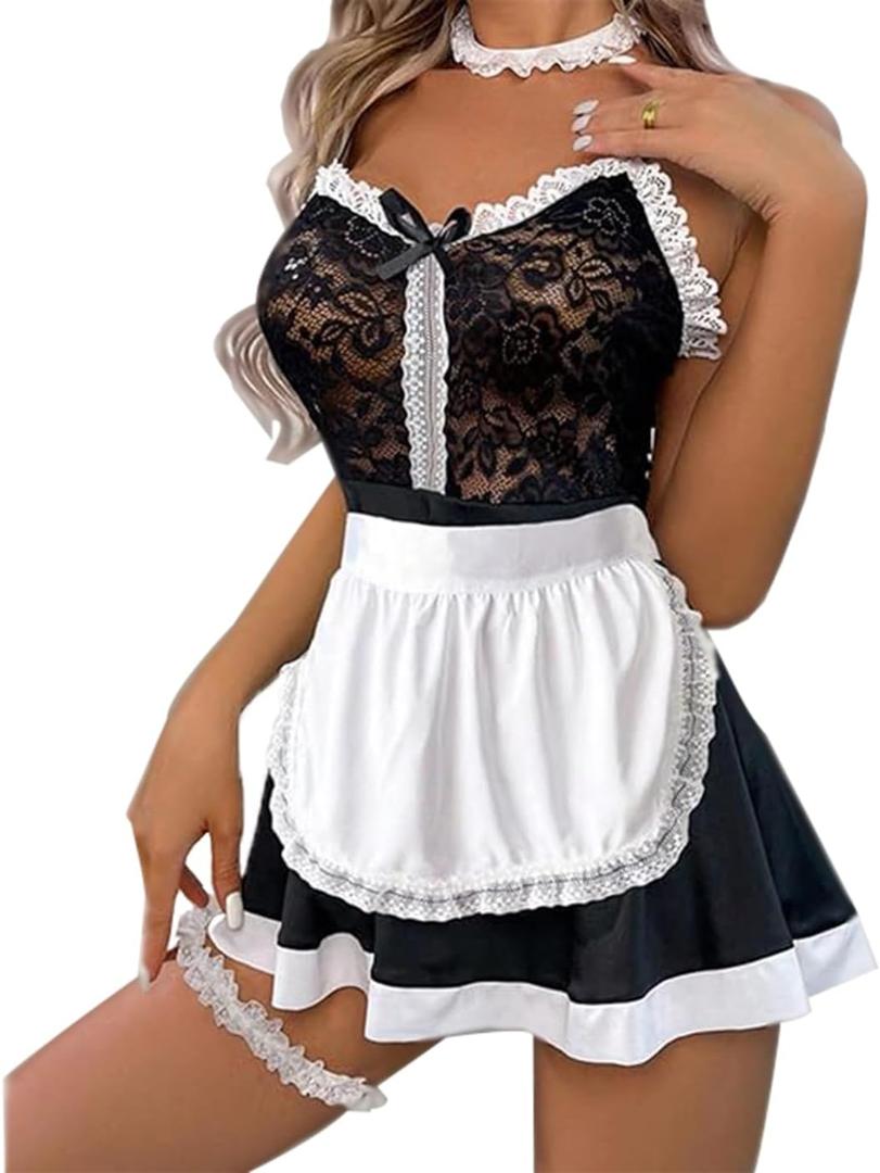 Womens French Maid Costume Sexy Maid Lingerie with chocker Apron Fancy Dress Strap Nightwear Valentine (One Size, Style 3-black)