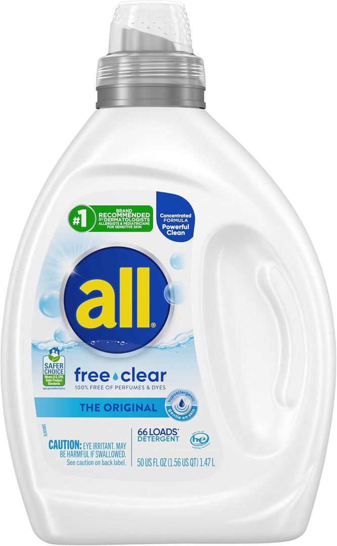 Liquid Laundry Detergent for Sensitive Skin, Unscented and Hypoallergenic, Concentrated, 50oz, 66 Loads