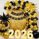 2026 New Year Balloon Arch Party Decorations, 18" 10" Black and Gold Balloon Garland Arch with Happy New Year Banner for 2026 New Years Party Decorations NYE Party Supplies 2026