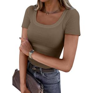 ANRABESS Women Short Sleeve Tops Scoop Neck Ribbed Knit Slim Fitted Basic Tee Shirt Casual Summer Clothes 2026 Spring Outfits (Medium, Coffee)