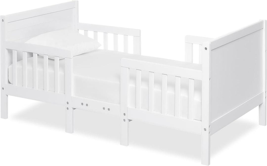 Dream On Me Hudson 3-in-1 Convertible Toddler Bed, 4 Safety Guard Rails, Low-to-Floor Design, Greenguard Gold & BSA Certified, Solid New Zealand Pinewood, Converts to Chairs & Table White, 57x29x28 Inch