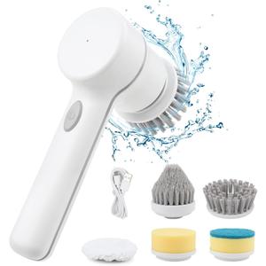 Electric Spin Scrubber Cordless Power Cleaning Brush with 5 Replaceable Brush Heads Rechargeable Scrubber for Bathroom Tub Sink Kitchen Dishes Tile Window Floor Grout, White (5 Brush Heads)