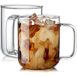 Glass Coffee Mugs, 16 oz Ice coffee cups, Large Clear Tea Cups Set of 2, Glass Mugs with Handles, Glass Cups for Latte, Cappuccino, and Tea