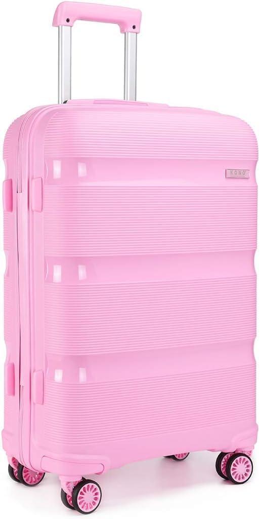 Kono Carry On Luggage Hard Shell Travel Trolley 4 Spinner Wheels Lightweight Polypropylene Suitcase with TSA Lock (Checked-Medium 24-Inch, Pink)