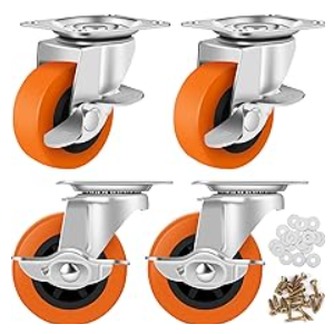 3 Inch Caster Wheels, Casters Set of 4 Heavy Duty, Orange Polyurethane (PU) Casters, Industrial Swivel Top Plate Castor Wheels for Workbench/Furniture/Cart (Pack of 4)