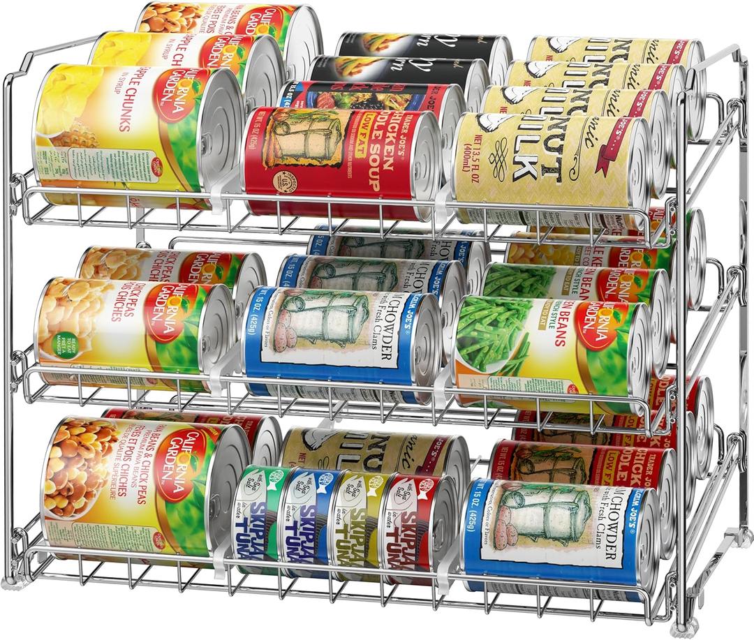 Simple Houseware Stackable Can Organizer Rack for Pantry/Cabinet  11.5" D x 17" W x 13.75" H, Holds 36 Cans, 3-Tier Can Food Storage Dispenser, Chrome