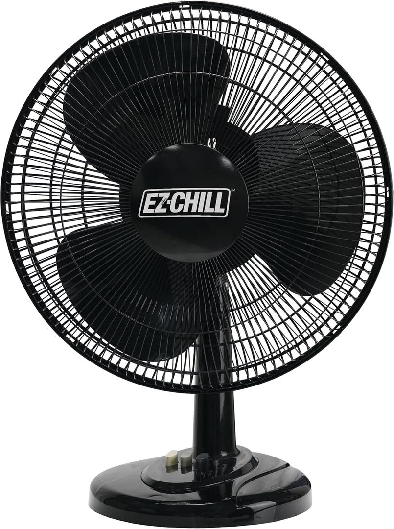 EZ-CHILL 16 Oscillating Table Fan with Adjustable Tilt, Convenient Push Button Controls, Quiet, 3 Speed, Desk Fan, Airflow 15.75 ft/sec, Ideal for Home, Bedroom, Dorm & Office, MTFD-16-BLK