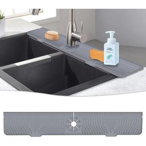 Derlights 33 inch Sink Splash Guard Mat, Silicone Faucet Handle Drip Catcher Tray, Longer Silicone Sink Mat for Kitchen Bathroom, Drip Protector Splash Countertop (Gray)