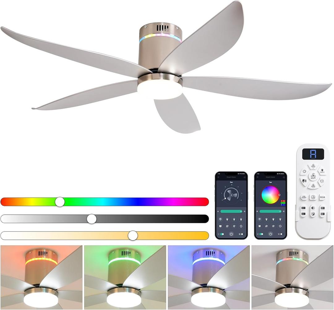Carrefour 52 Inch Ceiling Fan with Light,Flush Mount Ceiling Fan with Remote and Speaker, Reversible, RGB Light, Dimmable, Quiet,Low Profile Ceiling Fans for Bedroom Indoor/Outdoor Use, Nickel (Matte Silver)