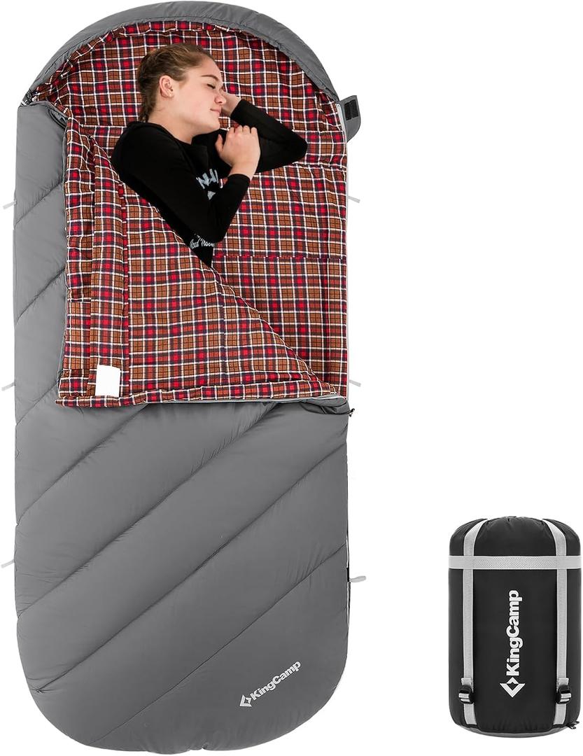 KingCamp Sleeping Bag for Adults, Cold Weather & Warm Extra Wide Big & Tall XL Portable Waterproof Flannel Sleeping Bags, Essentials Gear Accessories for Camping Backpacking Hiking Indoor & Outdoor (Thermal Pod 4.6lbs Darkgrey)