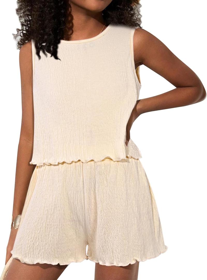 Girls' Summer 2 Piece Outfits Sleeveless Tank Tops and Wide Leg Shorts Sets (7-8 Years, Beige)