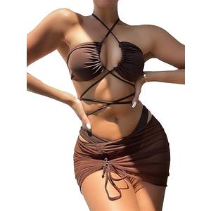 MakeMeChic Women's 3 Piece Swimsuit Criss Cross Halter Bikini Set Bathing Suit and Drawstring Beach Skirt Brown Medium