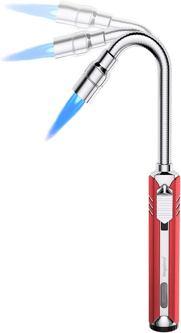 Butane Lighter Torch Long Lighter Refillable Adjustable Jet Flame Lighter Windproof Flexible with Visual Fuel Window Blow Torch for Stove BBQ Grill Fireplace Camping Kitchen (No Gas Include) - Red