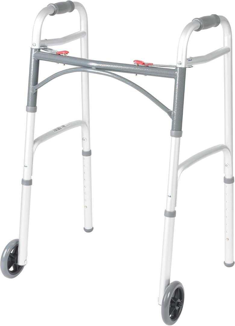 Drive Medical Two-Button Folding Walker with Wheels, Height Adjustable
Two-Button Rolling Walker Features Dual Push-Button Operation, Adjustable Height and Durable Aluminum Frame