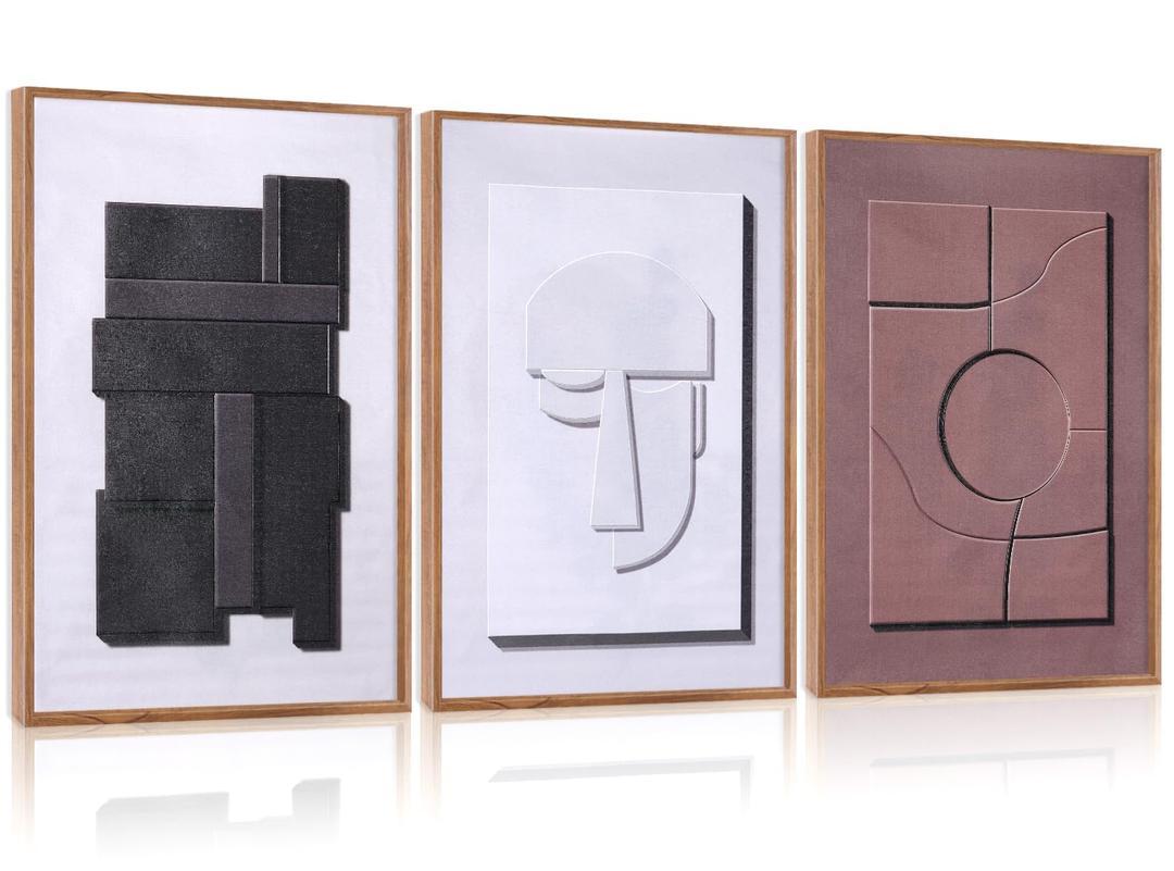 Aurlan Neutral Abstract Polygon Framed Wall Art(16"x24"), 3 PCS Minimalist Black Beige Brown 3D Textured Canvas Artwork, Large Modern Geometric Illustration Art Wall Decor for Office Living Room