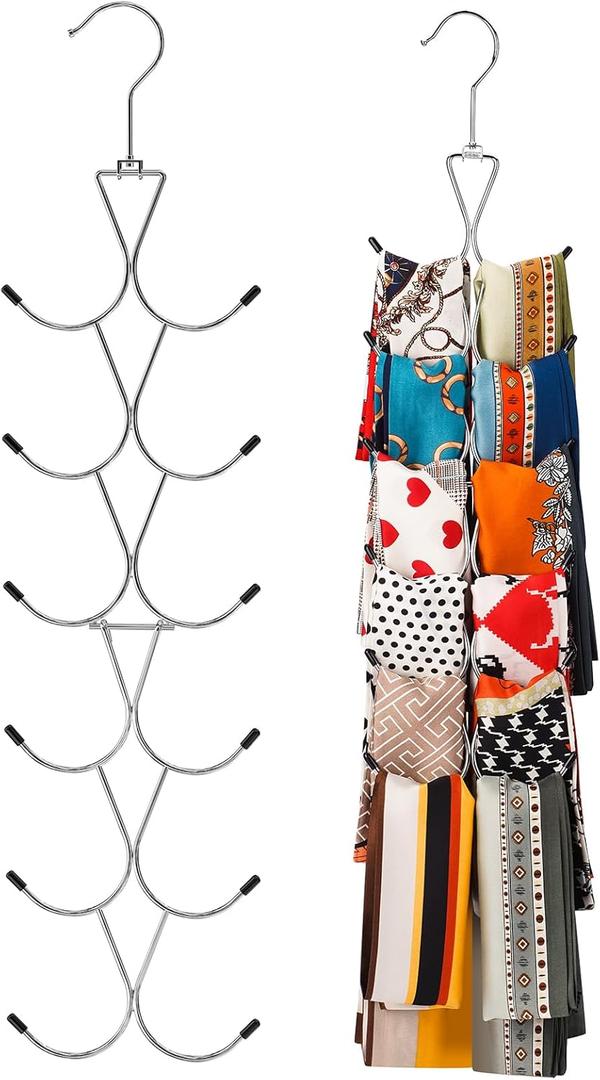 Scarf Hanger 2 Pack 24 Storages,Purse Hanger with 360 Swivel Hook,Scarf Organizer Scarf Hangers for Closet,for Scarves, Shawl,Belt,Purse & Baseball Cap (Silvery)
