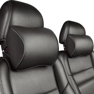 Aukee Car Headrest Pillow with Genuine Leather Cover Memory Foam Neck Cushion with 4 Extension Straps Adjuatable and Comfortable for Driving Home Office Black (Pack of 2)