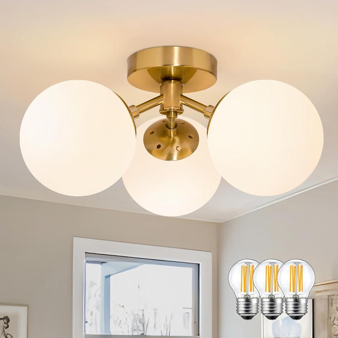 Bagood 3 Light Mid Century Modern Gold Globe semi Flush Mount Ceiling Brass Chandelier 3Light Milk Glass Globe Lights Sputnik Ceiling Light Fixture for Bedroom Living Room Hallway