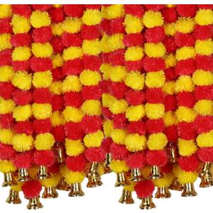 Marubhumi 5-PC Artificial Marigold Flower Garland – 4.5 Feet Long Strands with Bells | Yellow & Red | Diwali, Wedding, Home & Christmas Décor