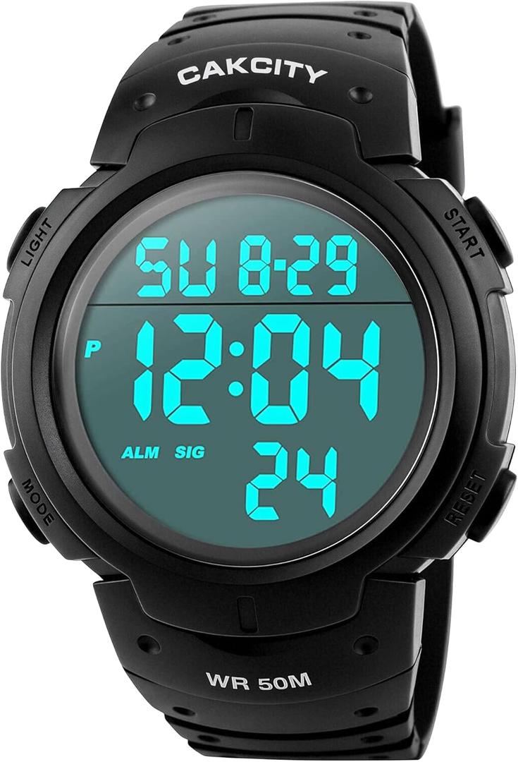 CakCity Mens Digital Watch Military Waterproof Outdoor Large Face Sports Watches with Stopwatch Back Light Alarm Date LED Display,Black